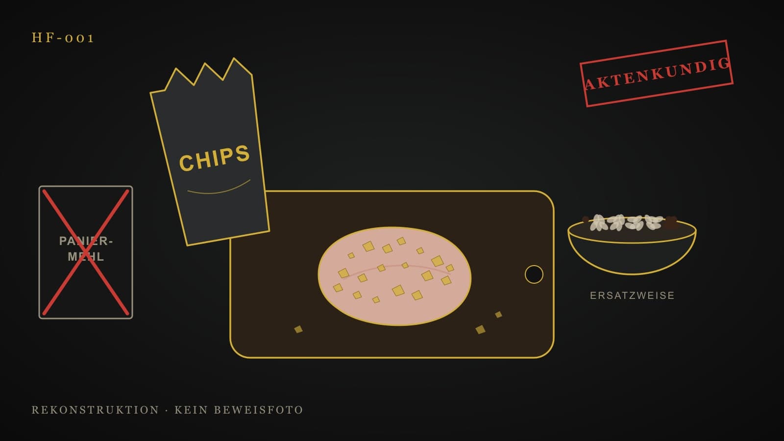 Zeichnung statt Foto: eine rohe Hähnchenbrust auf einem Schneidebrett, ungleichmäßig mit zerbröselten Chips bedeckt; einige Krümel sind schon abgefallen. Daneben eine aufgerissene Chipstüte, eine Schüssel Haferflocken mit Rosinen und eine rot durchgestrichene Packung Paniermehl.