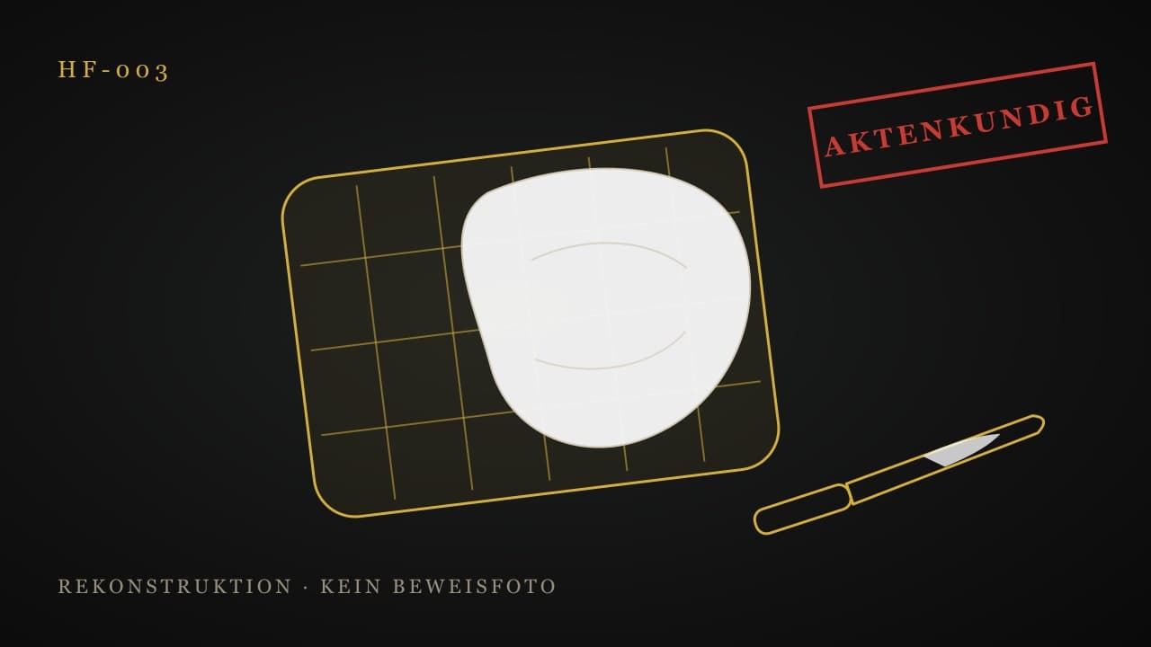 Zeichnung statt Foto: eine rechteckige Waffel mit Wabenmuster, zur Hälfte mit weißem Schmierkäse bestrichen, daneben ein Messer mit Käseresten an der Klinge. In der Ecke ein roter Stempel „Aktenkundig“. Ein Beweisfoto liegt dem Archiv nicht vor.