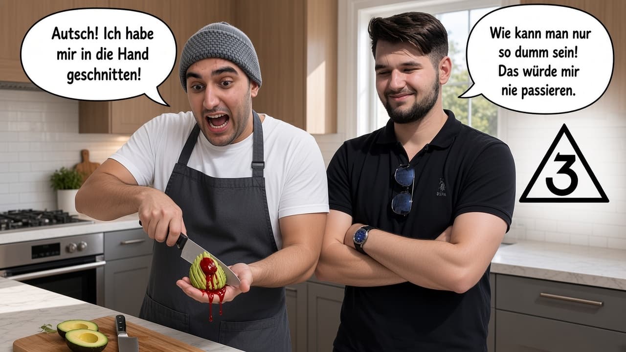 Hiko schneidet mit einem großen Messer in eine Avocado, die er in der bloßen Hand hält; Blut läuft an der Frucht herunter. Daneben steht ein Freund mit verschränkten Armen und sichtlich unbeeindruckter Miene.