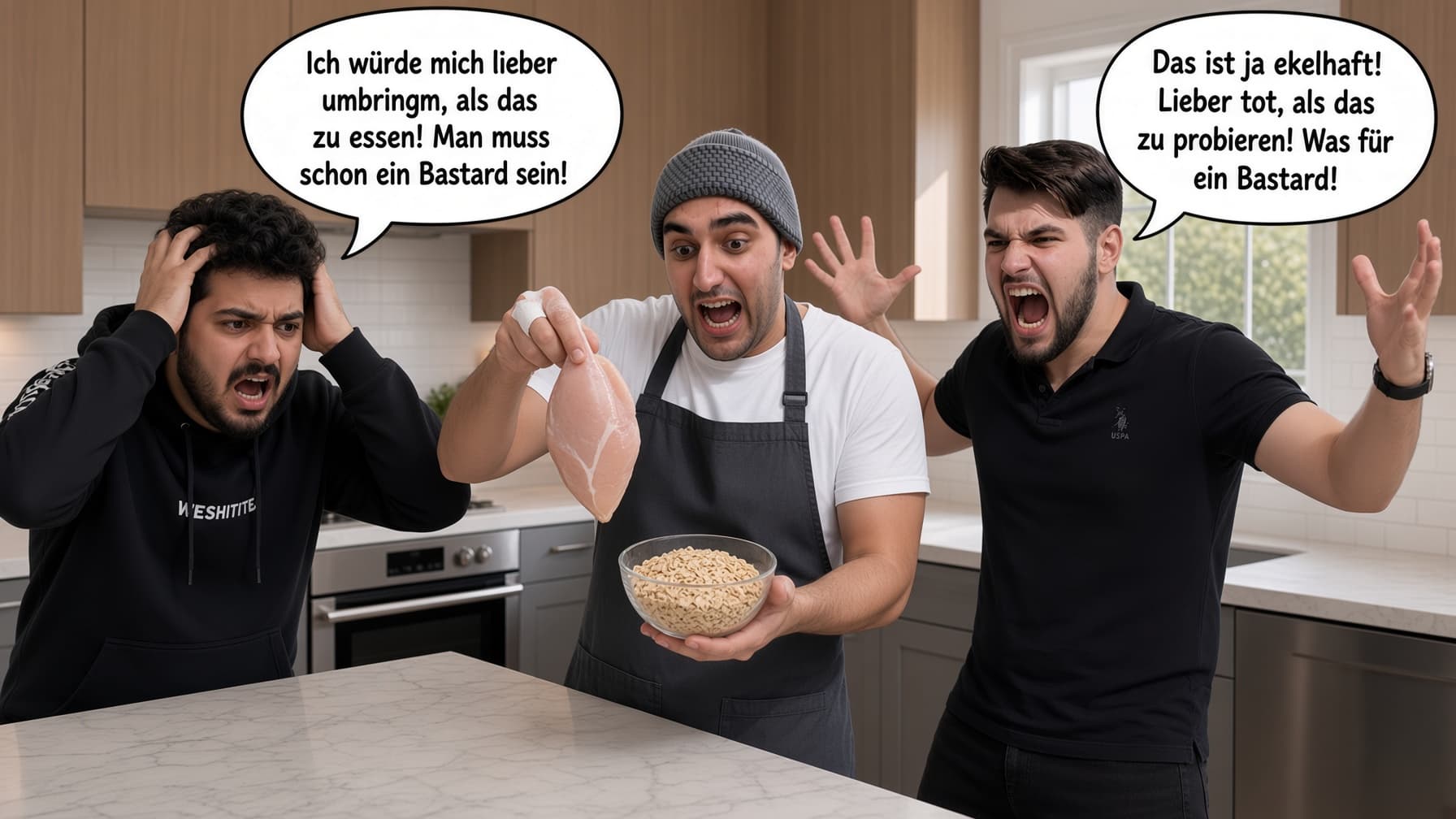 Hiko steht in einer Küche, hält in der einen Hand ein rohes Hähnchenbrustfilet und in der anderen eine Schüssel Haferflocken. Links und rechts von ihm zwei Freunde, beide schreiend, einer mit den Händen am Kopf.
