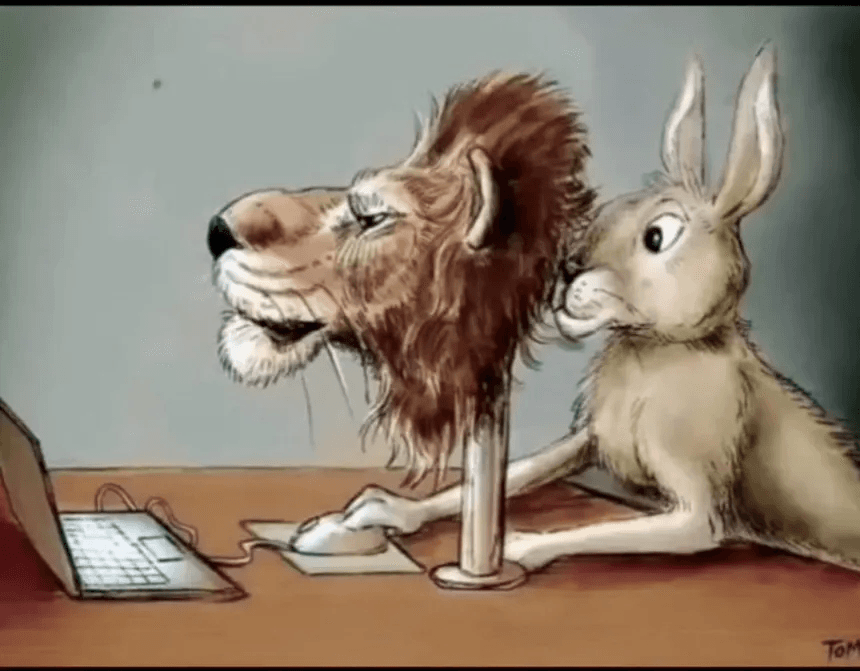 Cartoon: ein Hase sitzt am Laptop, hält sich aber eine Löwenmaske vors Gesicht, während er tippt.